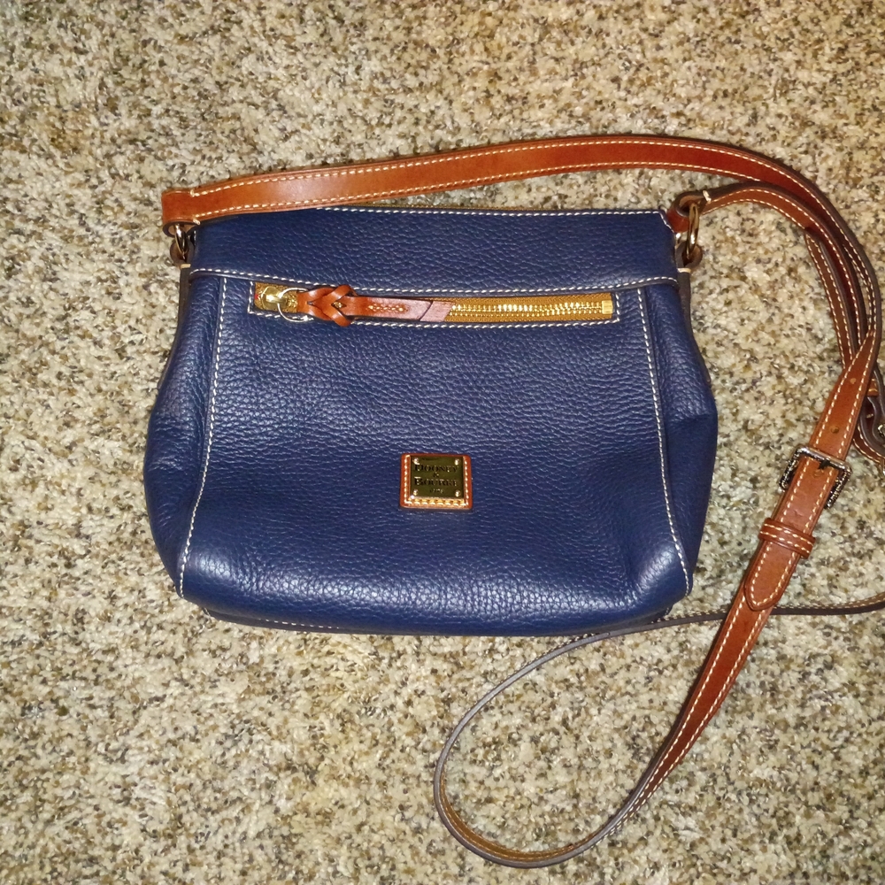 Dooney & Bourke Navy PebbleSmall Leather Crossbody Bag with Brown Trim